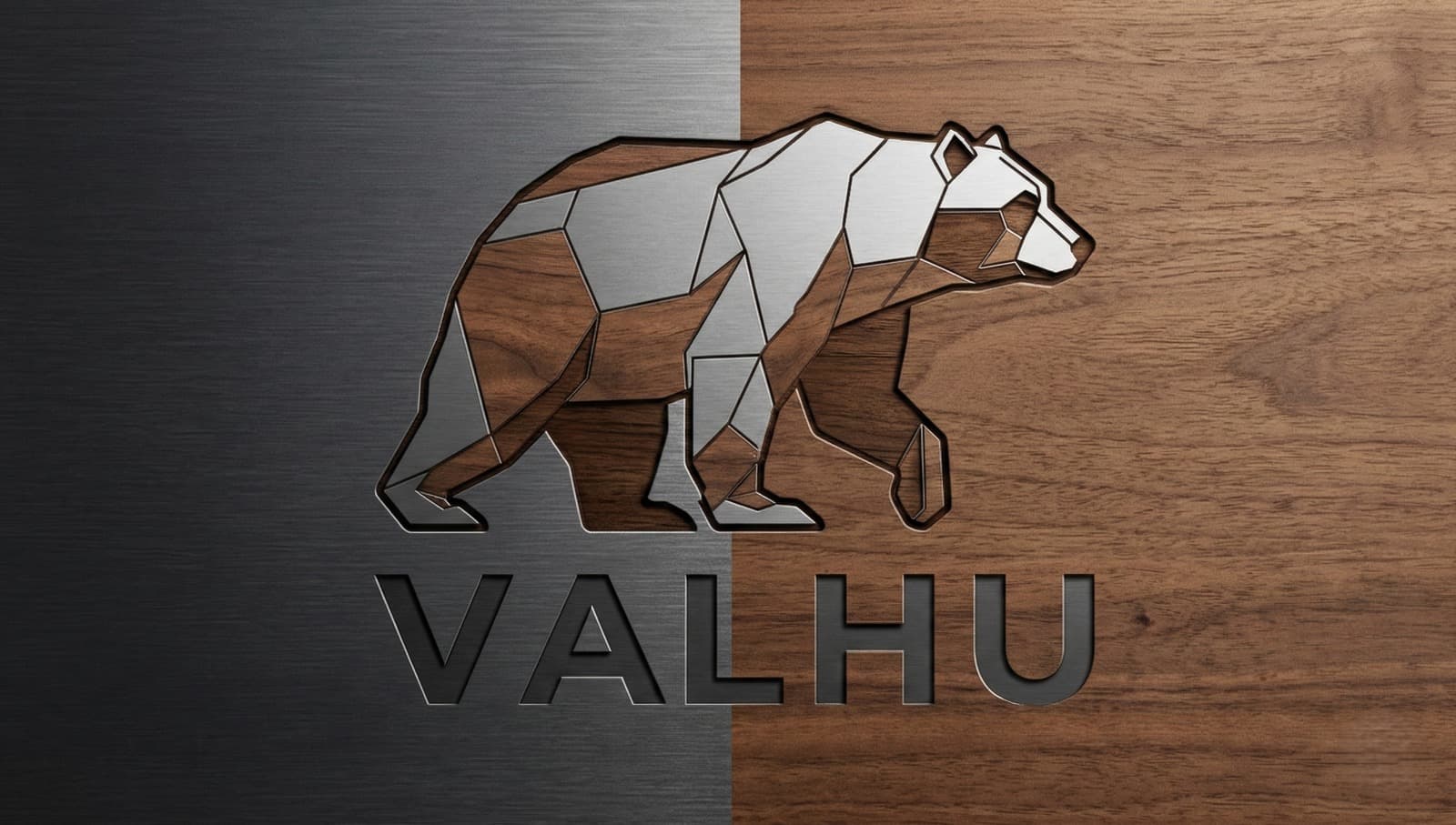 Valhu bear logo in a split wood and metal style