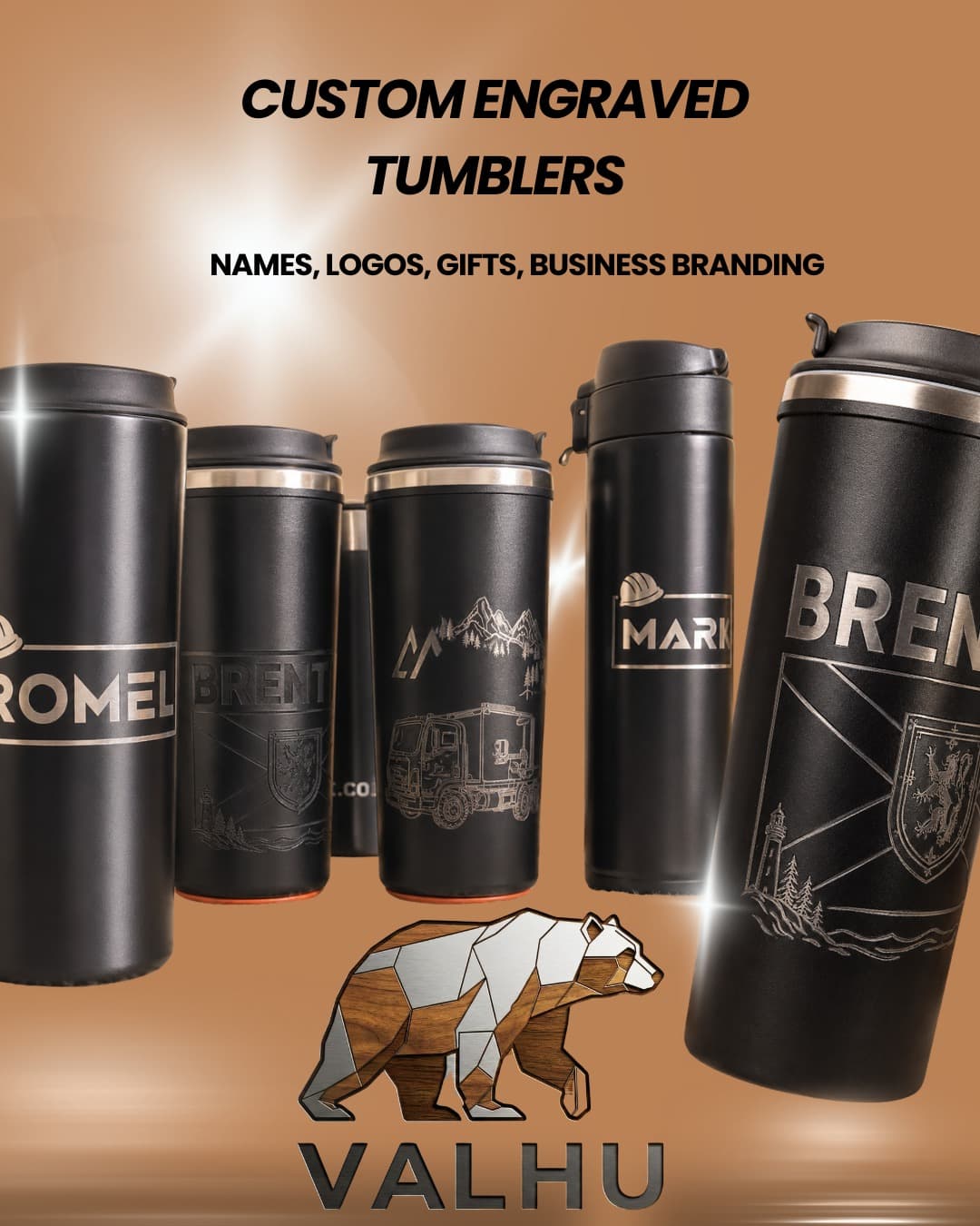 Set of engraved tumblers with business branding