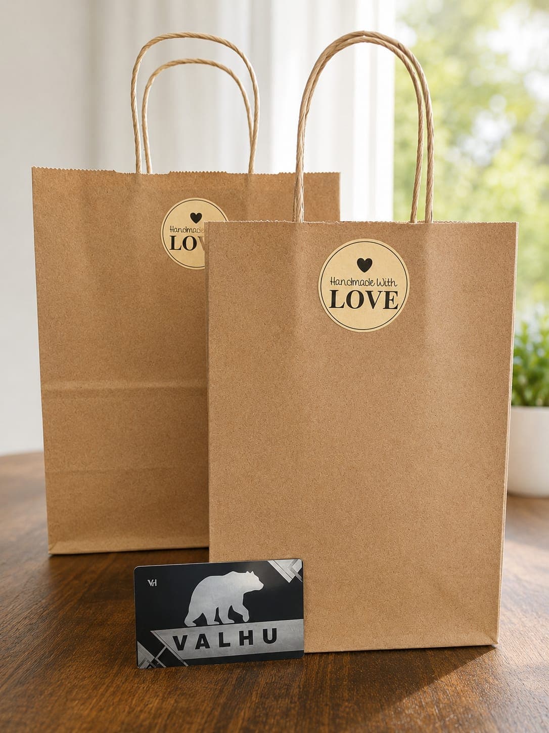 Kraft bags with a Valhu branded card