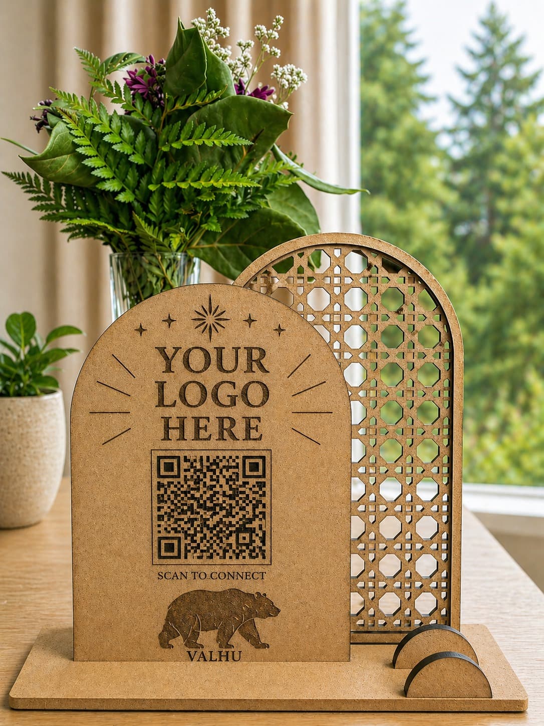 Wooden QR display with logo and QR code
